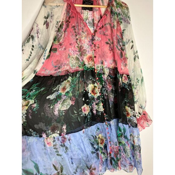 Johnny Was Adore Floral Sheer Boho Dress Button Detail & Tassel Tie Multicolor S - Picture 3 of 13